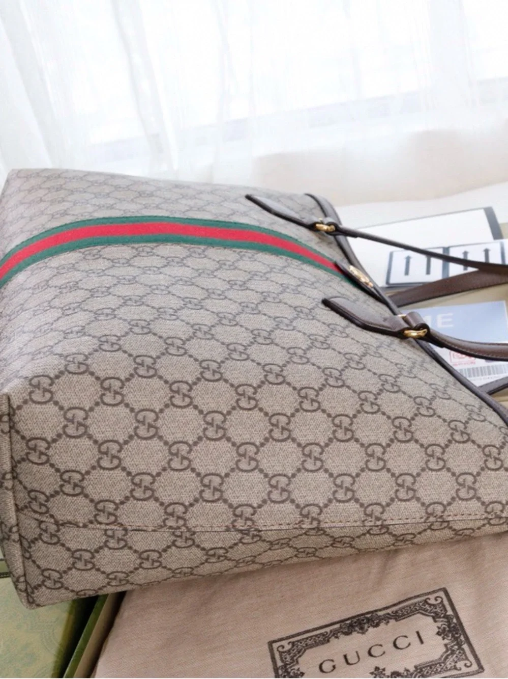 Gucci Beige GG Supreme Tote with Green and Red Web Stripe and Brown Trim(no box)